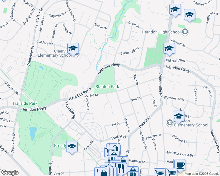 map of restaurants, bars, coffee shops, grocery stores, and more near 910 3rd Street in Herndon