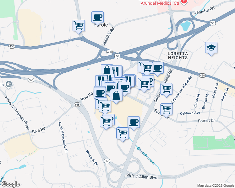 map of restaurants, bars, coffee shops, grocery stores, and more near 2301 A Forest Drive in Annapolis