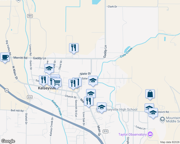 map of restaurants, bars, coffee shops, grocery stores, and more near 5109 State Street in Kelseyville