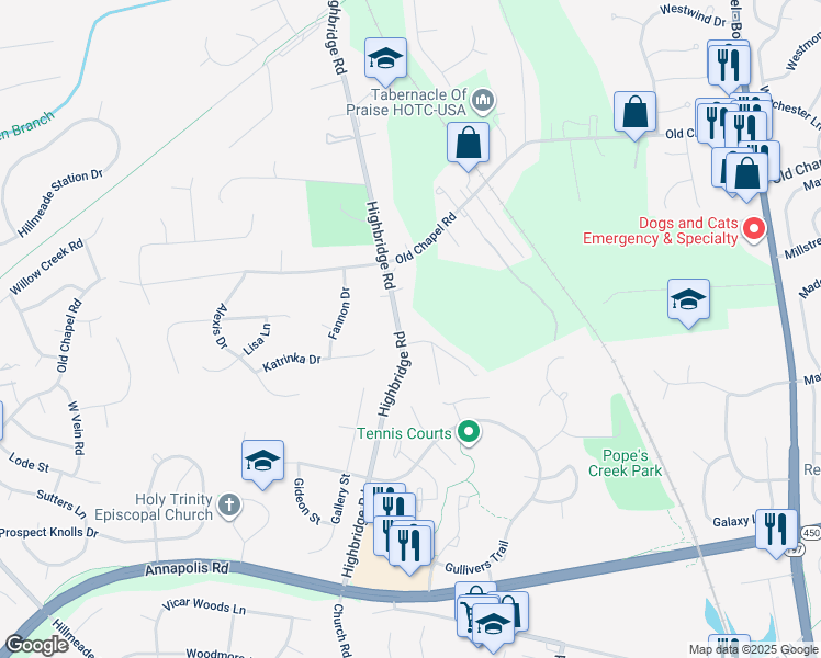 map of restaurants, bars, coffee shops, grocery stores, and more near 6509 Highbridge Road in Bowie