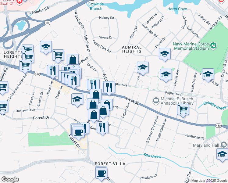 map of restaurants, bars, coffee shops, grocery stores, and more near 1730 West Street in Annapolis
