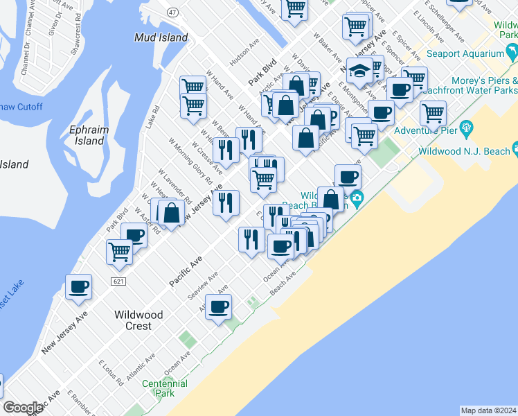 map of restaurants, bars, coffee shops, grocery stores, and more near 203 East Cresse Avenue in Wildwood