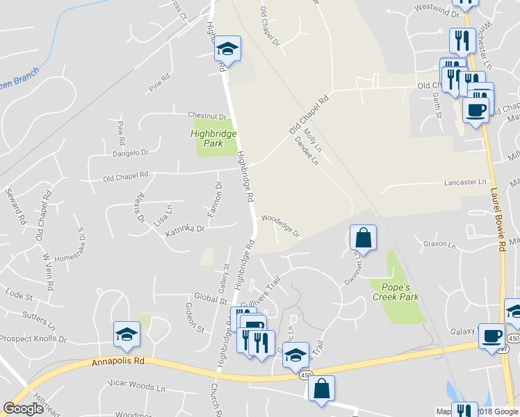 map of restaurants, bars, coffee shops, grocery stores, and more near 6509 Highbridge Road in Bowie