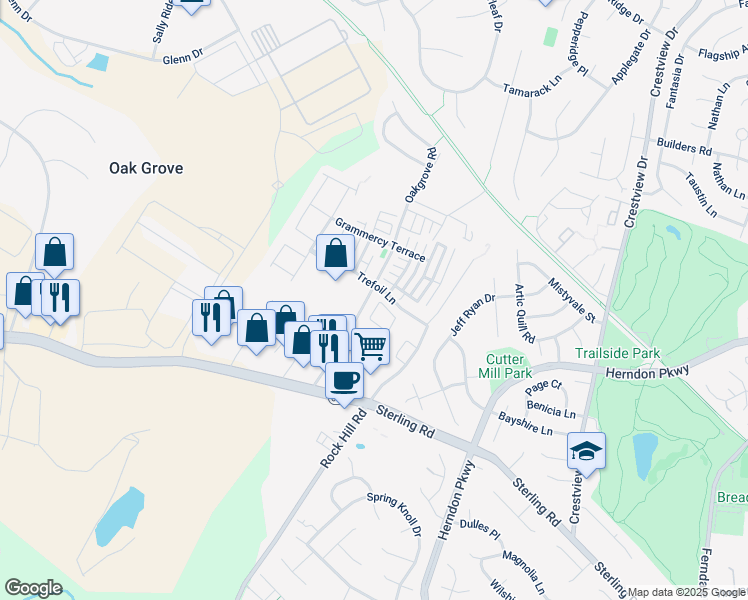 map of restaurants, bars, coffee shops, grocery stores, and more near 23002 Fontwell Square in Sterling