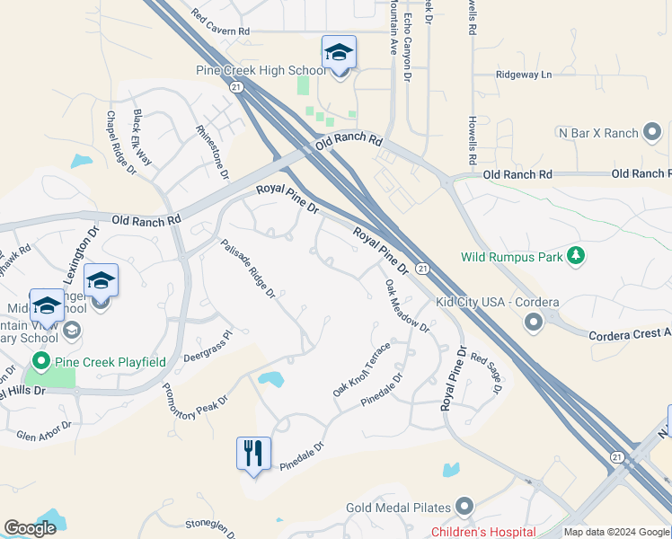 map of restaurants, bars, coffee shops, grocery stores, and more near 10130 Pine Glade Drive in Colorado Springs