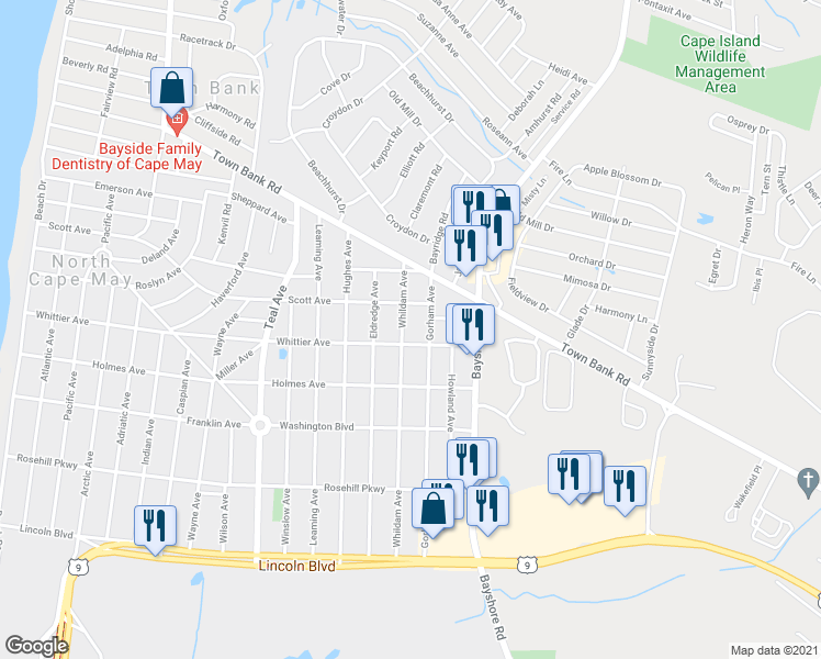 map of restaurants, bars, coffee shops, grocery stores, and more near 305 Whildam Avenue in North Cape May