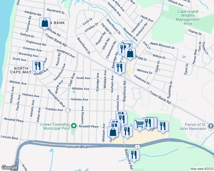 map of restaurants, bars, coffee shops, grocery stores, and more near 305 Whildam Avenue in North Cape May