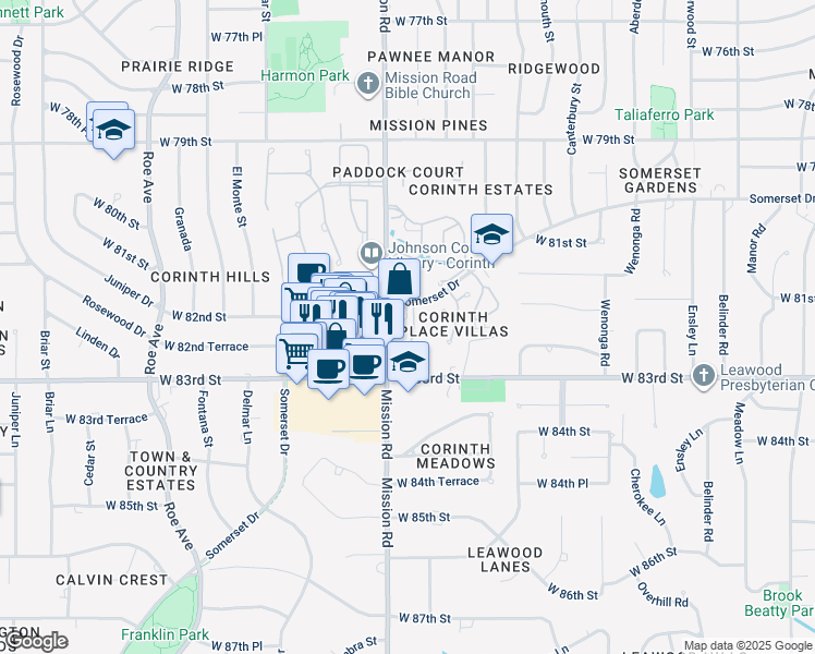 map of restaurants, bars, coffee shops, grocery stores, and more near 3801 Somerset Drive in Prairie Village