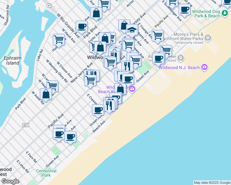 map of restaurants, bars, coffee shops, grocery stores, and more near 301 East Leaming Avenue in Wildwood