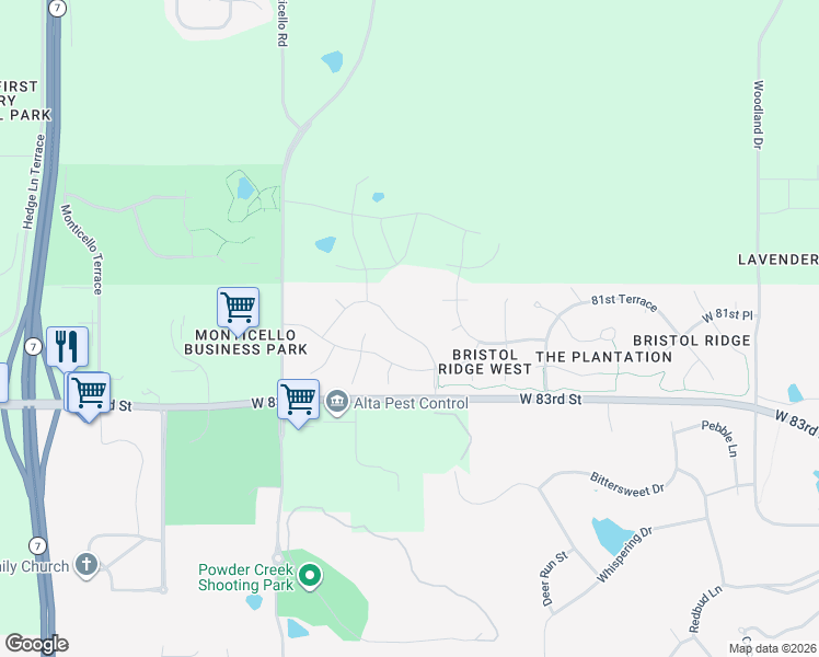 map of restaurants, bars, coffee shops, grocery stores, and more near 8114 Millridge Street in Lenexa