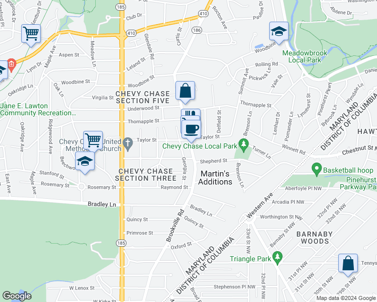 map of restaurants, bars, coffee shops, grocery stores, and more near 7004 Brookville Road in Chevy Chase