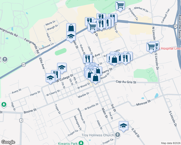 map of restaurants, bars, coffee shops, grocery stores, and more near 193 East Collier Street in Troy