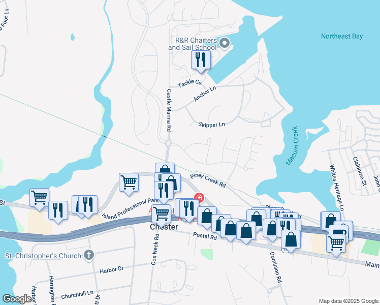 map of restaurants, bars, coffee shops, grocery stores, and more near 207 Bayberry Drive in Chester
