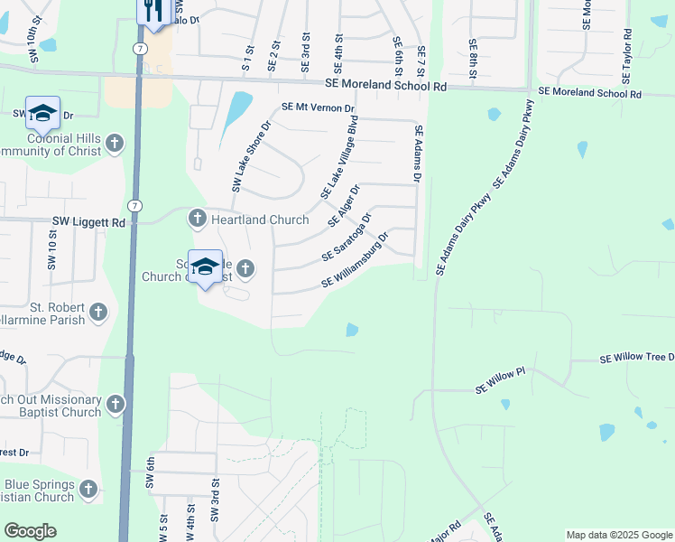 map of restaurants, bars, coffee shops, grocery stores, and more near 300 Southeast Saratoga Drive in Blue Springs