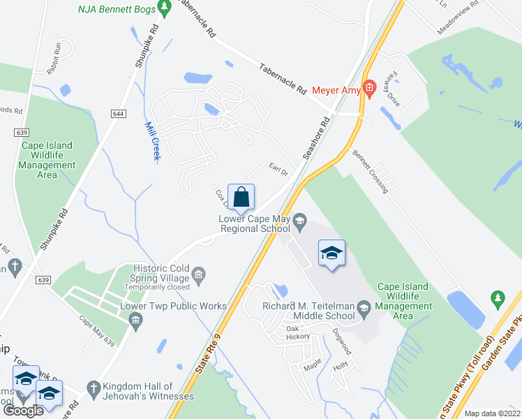 map of restaurants, bars, coffee shops, grocery stores, and more near 715 Seashore Road in Cape May
