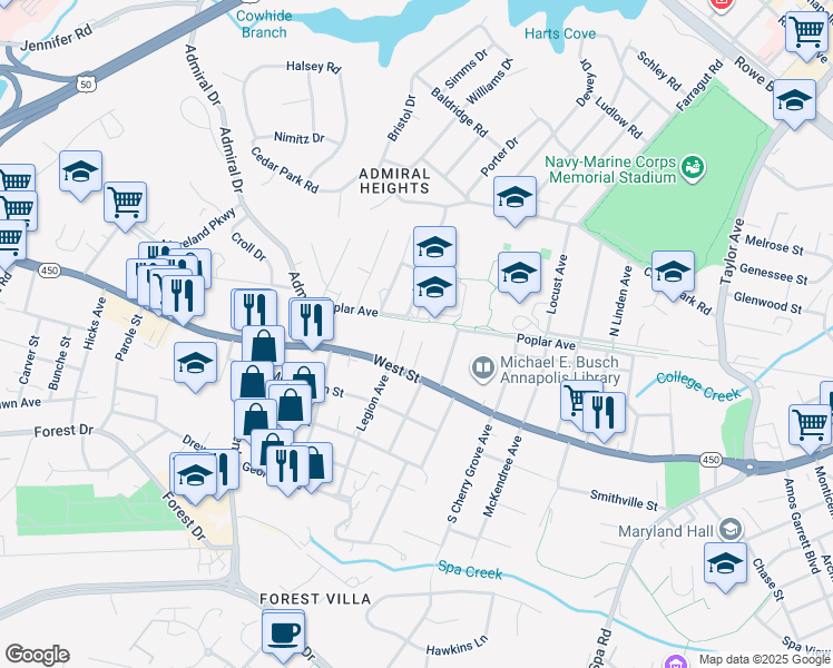 map of restaurants, bars, coffee shops, grocery stores, and more near 22 North Homeland Avenue in Annapolis