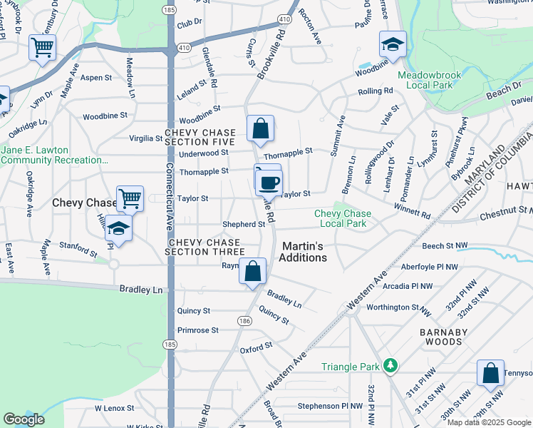 map of restaurants, bars, coffee shops, grocery stores, and more near 7004 Brookville Road in Chevy Chase