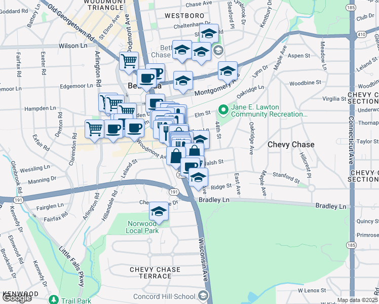 map of restaurants, bars, coffee shops, grocery stores, and more near 4601 Leland Street in Chevy Chase