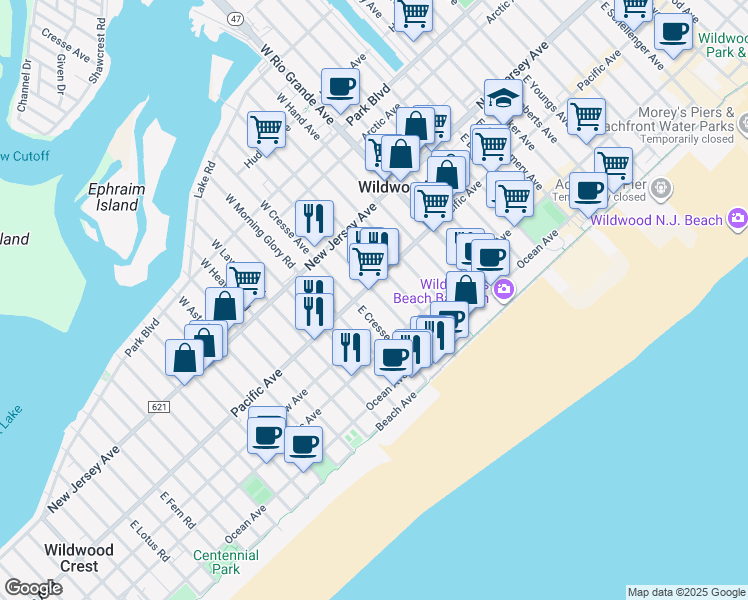 map of restaurants, bars, coffee shops, grocery stores, and more near 5309 Pacific Avenue in Wildwood