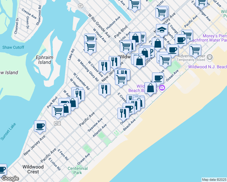 map of restaurants, bars, coffee shops, grocery stores, and more near 119 East Morning Glory Road in Wildwood