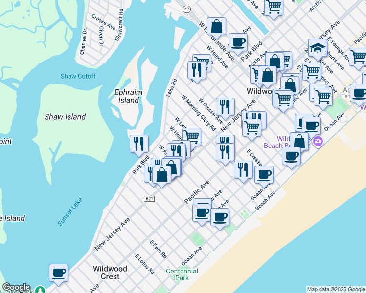 map of restaurants, bars, coffee shops, grocery stores, and more near 126 West Heather Road in Wildwood Crest
