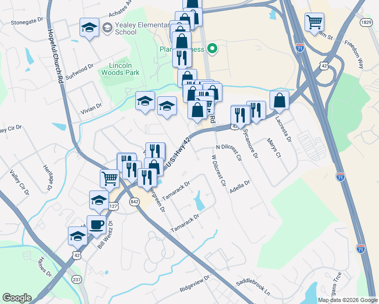 map of restaurants, bars, coffee shops, grocery stores, and more near 8301 U.S. 42 in Florence