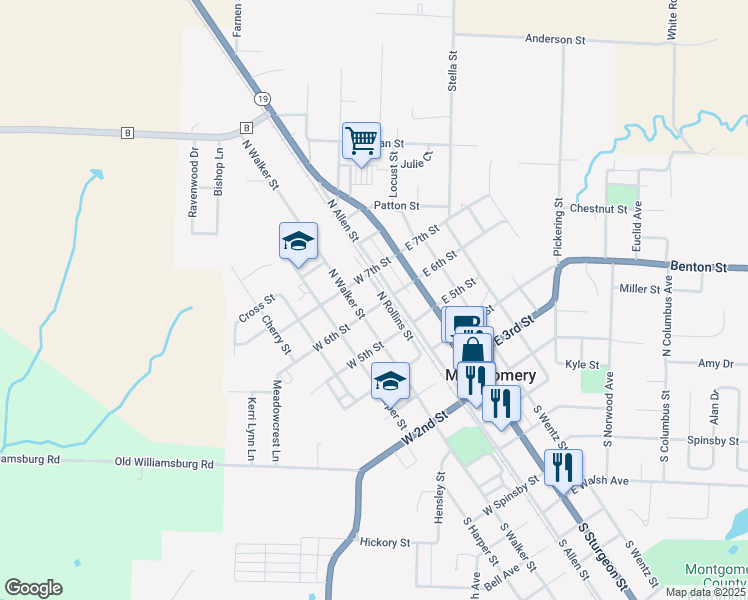 map of restaurants, bars, coffee shops, grocery stores, and more near 620 North Walker Street in Montgomery City
