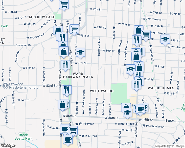 map of restaurants, bars, coffee shops, grocery stores, and more near 8124 Belleview Avenue in Kansas City