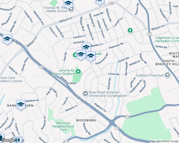 map of restaurants, bars, coffee shops, grocery stores, and more near 6272 Clearwood Road in Bethesda