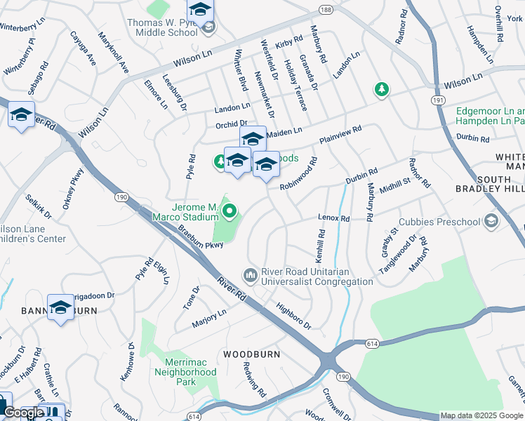 map of restaurants, bars, coffee shops, grocery stores, and more near 6272 Clearwood Road in Bethesda