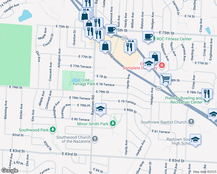map of restaurants, bars, coffee shops, grocery stores, and more near 10025 East 78 Terrace in Raytown