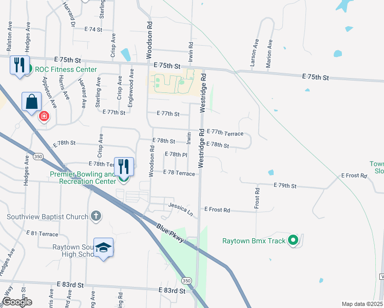 map of restaurants, bars, coffee shops, grocery stores, and more near 7808 Westridge Road in Raytown