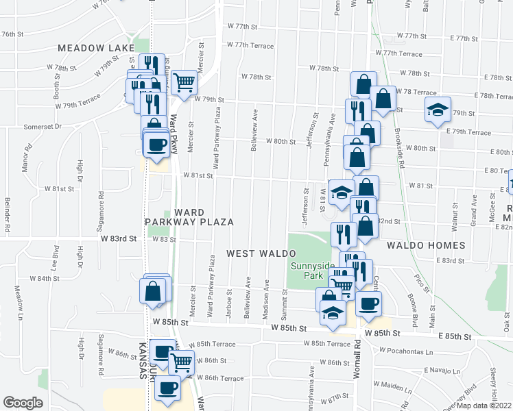 map of restaurants, bars, coffee shops, grocery stores, and more near 8125 Belleview Avenue in Kansas City