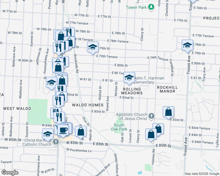 map of restaurants, bars, coffee shops, grocery stores, and more near 8109 Grand Avenue in Kansas City