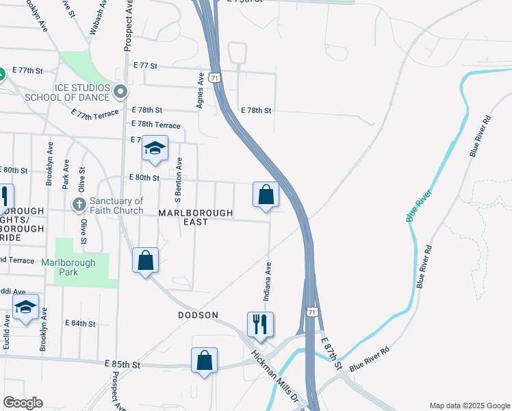 map of restaurants, bars, coffee shops, grocery stores, and more near 8031 College Avenue in Kansas City