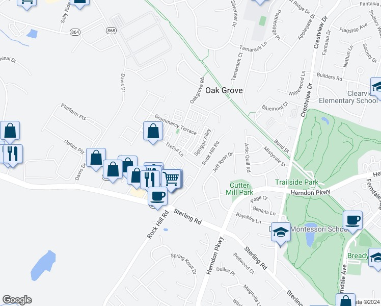 map of restaurants, bars, coffee shops, grocery stores, and more near 46009 Bayswater Terrace in Sterling