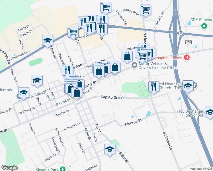 map of restaurants, bars, coffee shops, grocery stores, and more near 520 East Cherry Street in Troy