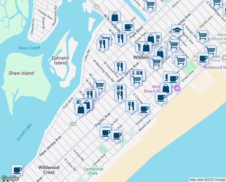 map of restaurants, bars, coffee shops, grocery stores, and more near 108e East Buttercup Road in Wildwood Crest