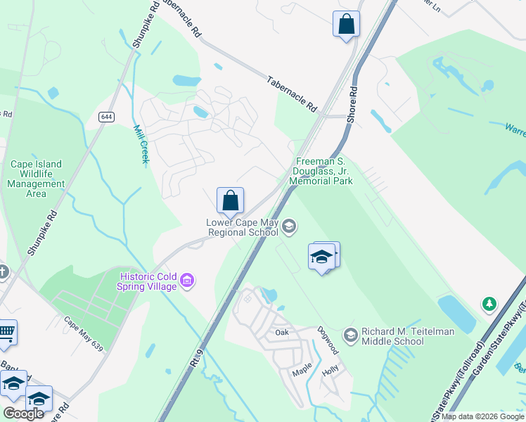 map of restaurants, bars, coffee shops, grocery stores, and more near 703 Seashore Road in Cape May