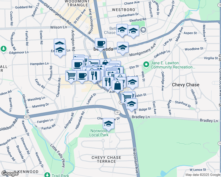map of restaurants, bars, coffee shops, grocery stores, and more near 7111 Woodmont Avenue in Bethesda