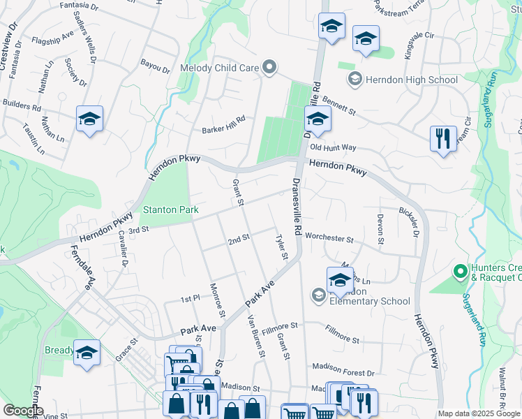 map of restaurants, bars, coffee shops, grocery stores, and more near 1023 Tyler Street in Herndon