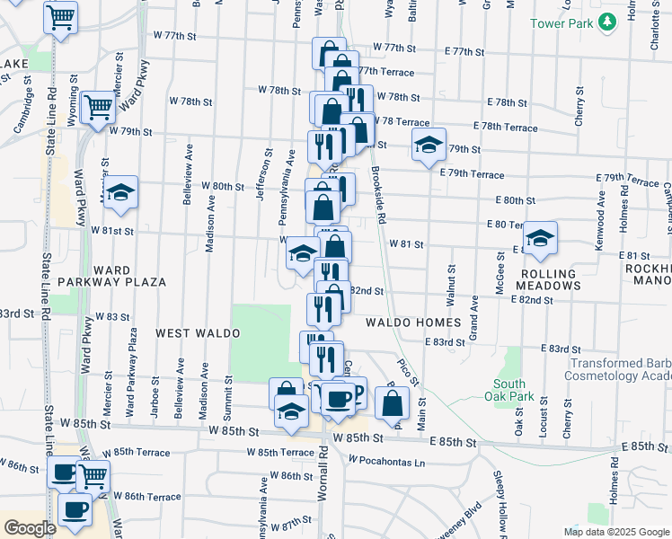 map of restaurants, bars, coffee shops, grocery stores, and more near 8131 Wornall Road in Kansas City