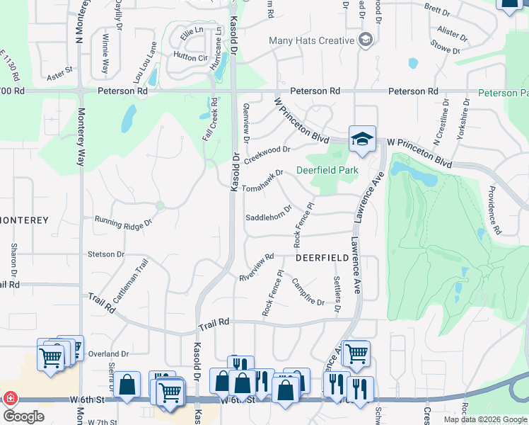 map of restaurants, bars, coffee shops, grocery stores, and more near 3212 Saddlehorn Drive in Lawrence