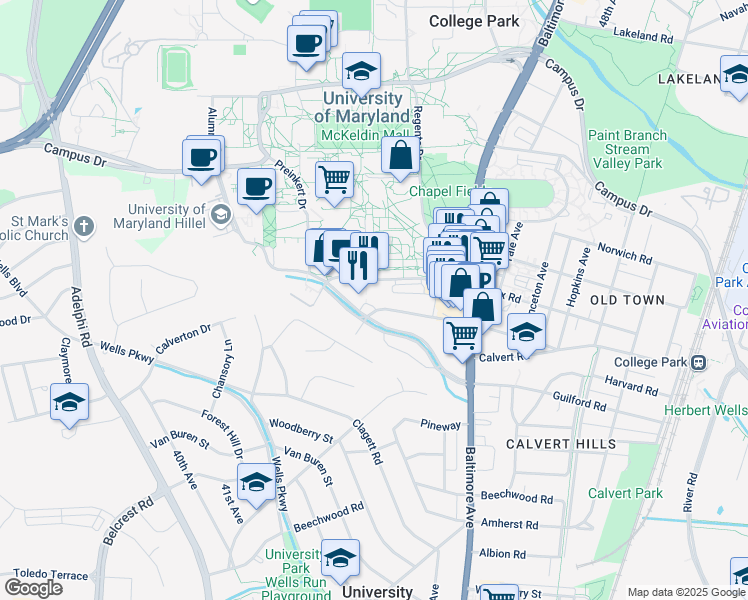 map of restaurants, bars, coffee shops, grocery stores, and more near 4300 Hartwick Road in College Park