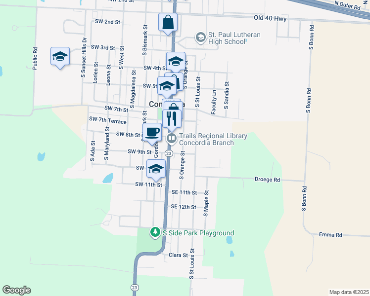 map of restaurants, bars, coffee shops, grocery stores, and more near 809 South Orange Street in Concordia