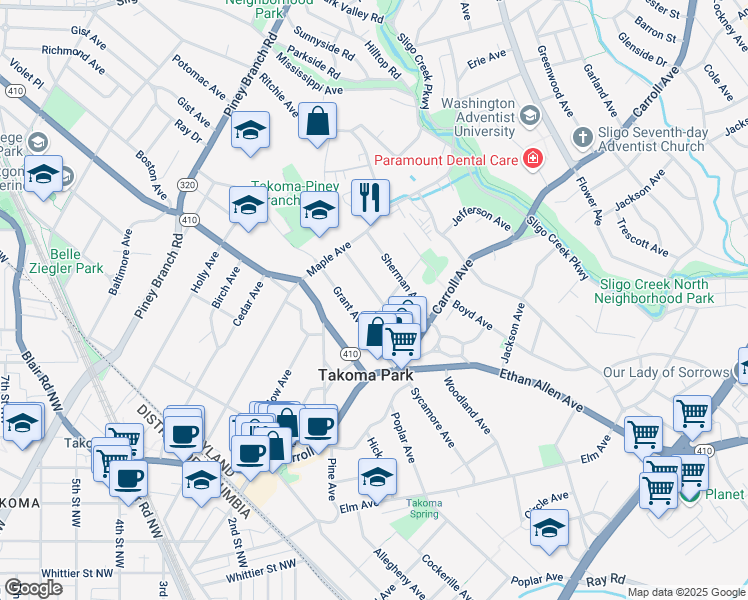 map of restaurants, bars, coffee shops, grocery stores, and more near 116 Lee Avenue in Takoma Park