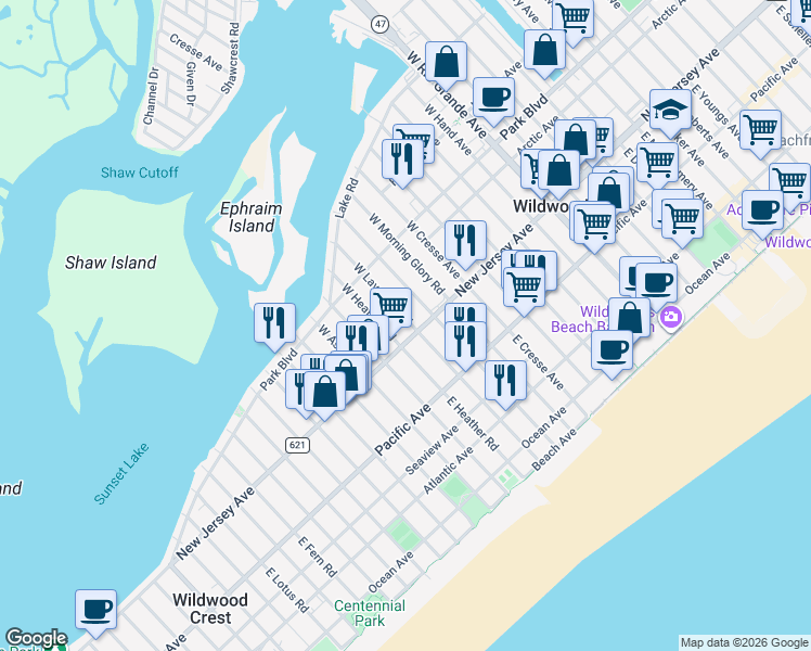 map of restaurants, bars, coffee shops, grocery stores, and more near 108 West Lavender Road in Wildwood Crest
