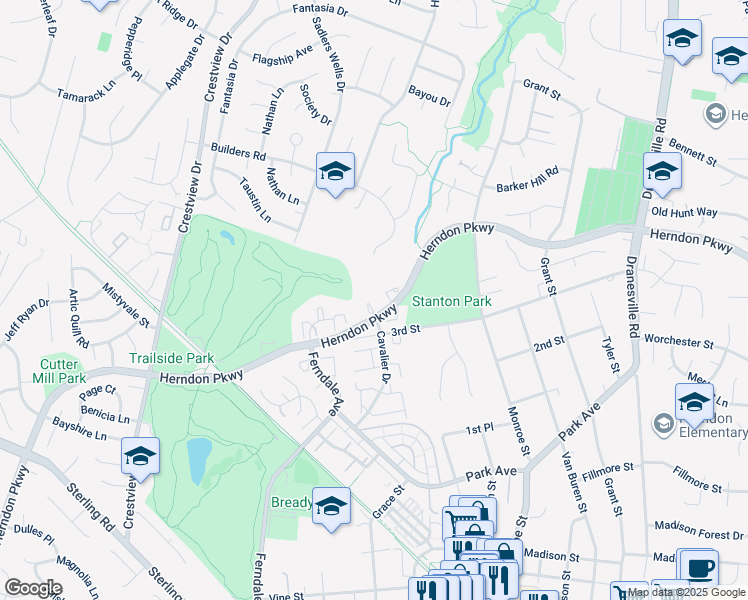 map of restaurants, bars, coffee shops, grocery stores, and more near 1110 Stevenson Court in Herndon