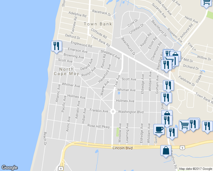 map of restaurants, bars, coffee shops, grocery stores, and more near 906 Irving Avenue in North Cape May
