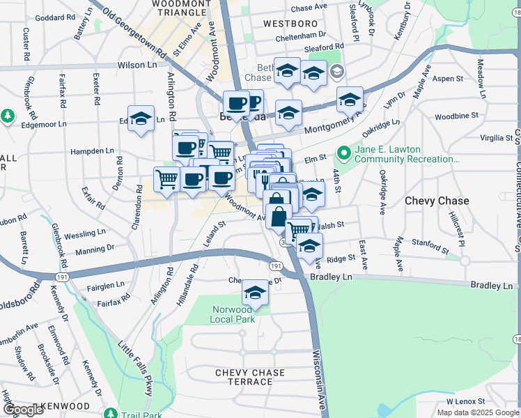 map of restaurants, bars, coffee shops, grocery stores, and more near 7111 Woodmont Avenue in Bethesda
